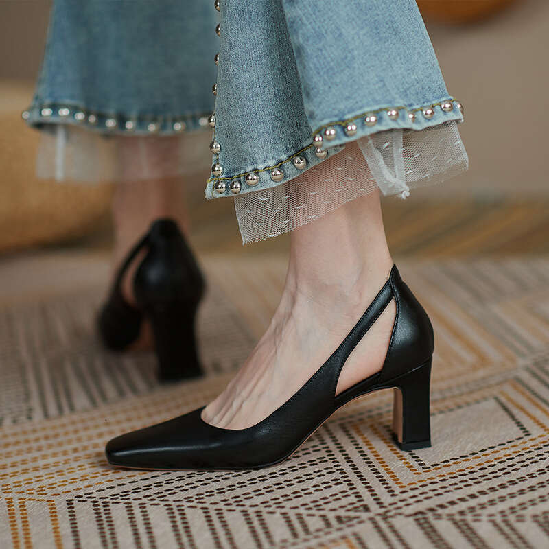 Hollow Square Head Retro Slip on Heels Pumps High Trend Thick Solid Designer Female Shoes Women Mujer Taces