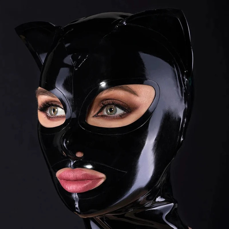 Black Latex Hood with Cat Ears Back Zipper Open Eyes Mouth Rubber Mask Cosplay Club Wear Costume 240925