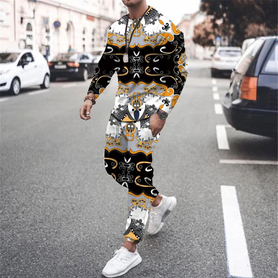 Fashionable mens long sleeved T-shirt 2-piece set 3D printed tracking suit set oversized mens fashion trend retro streetwear 240925
