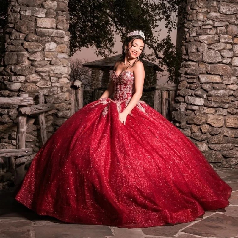 Red Shiny Ball Gown Quinceanera Dresses Applique Lace Beading Tull With Cape Vestidos De 15 Anos XV Brithday Party Sweet 16 Dress