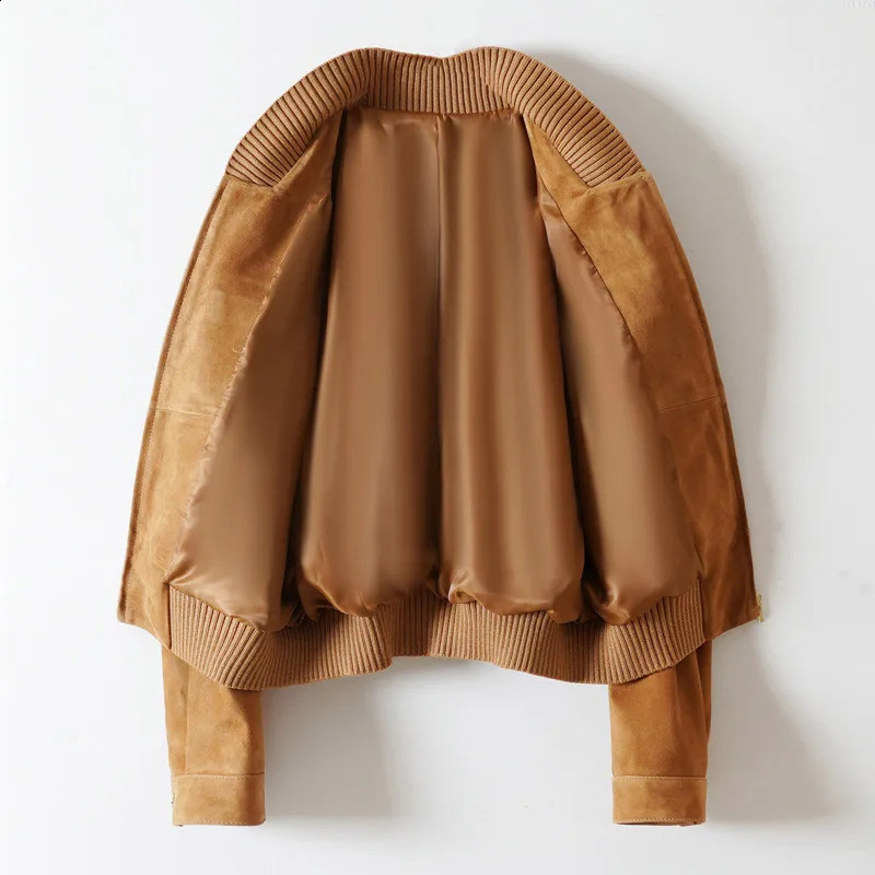 Women's Jackets Womens Real Leather Bomber Jacket Fashion Sheepskin Suede Leather Coat Elastic Waist 240919