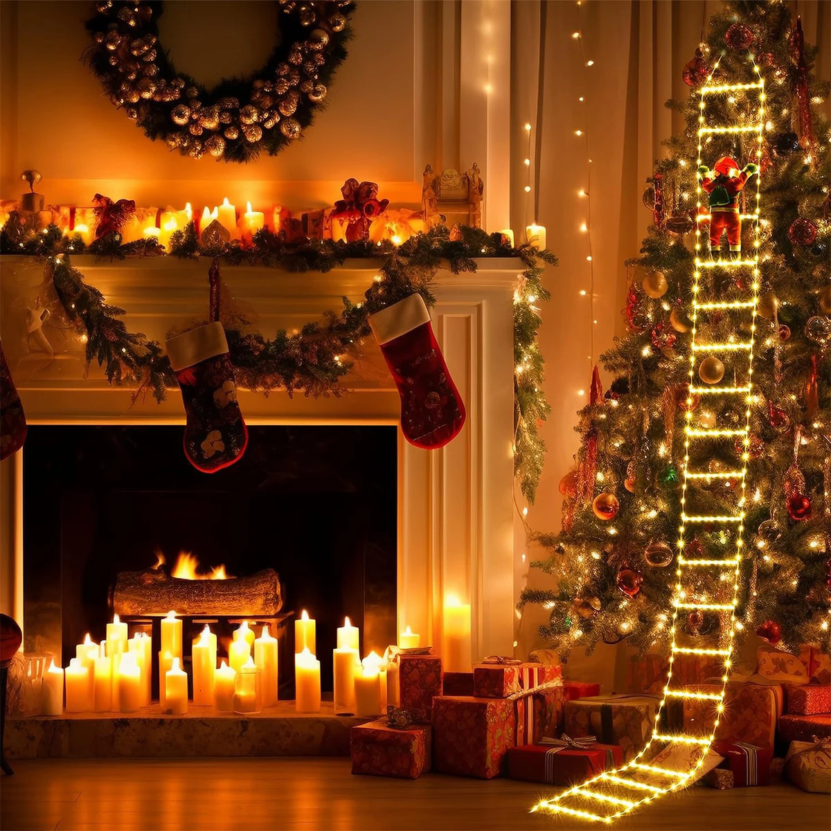 Santa Claus Ladder Warm Light Christmas Decor, Indoor Outdoor Garden Tree Holiday Decoration, 2024