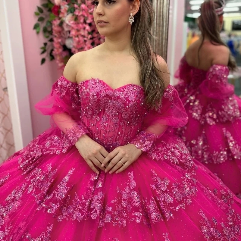Rose Red Off The Shoulder Quinceanera Dresses Ball Gown Sequin Lace Applique Beading Tull Tiered Sweet 16 Dress Vestidos De XV 15 Anos