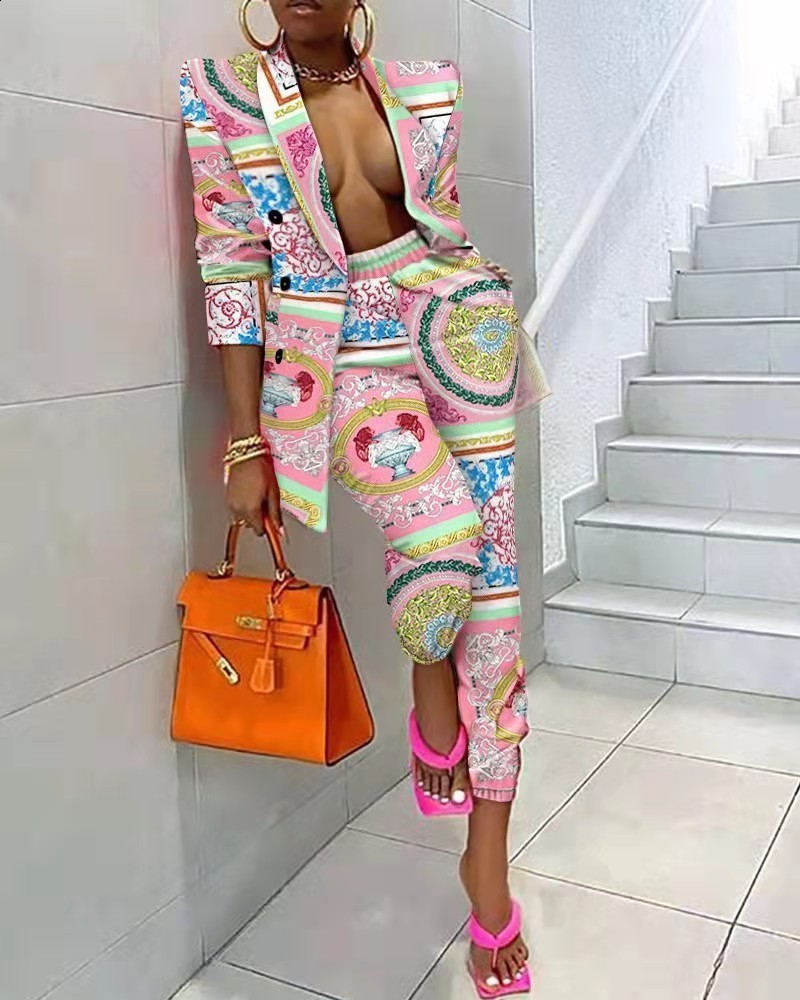 Vintage Women Colorful Tie Dye Blazers Jacket Fashion Ladies Elegant Double Breasted Suits Female Chic Jackets Girls 2107