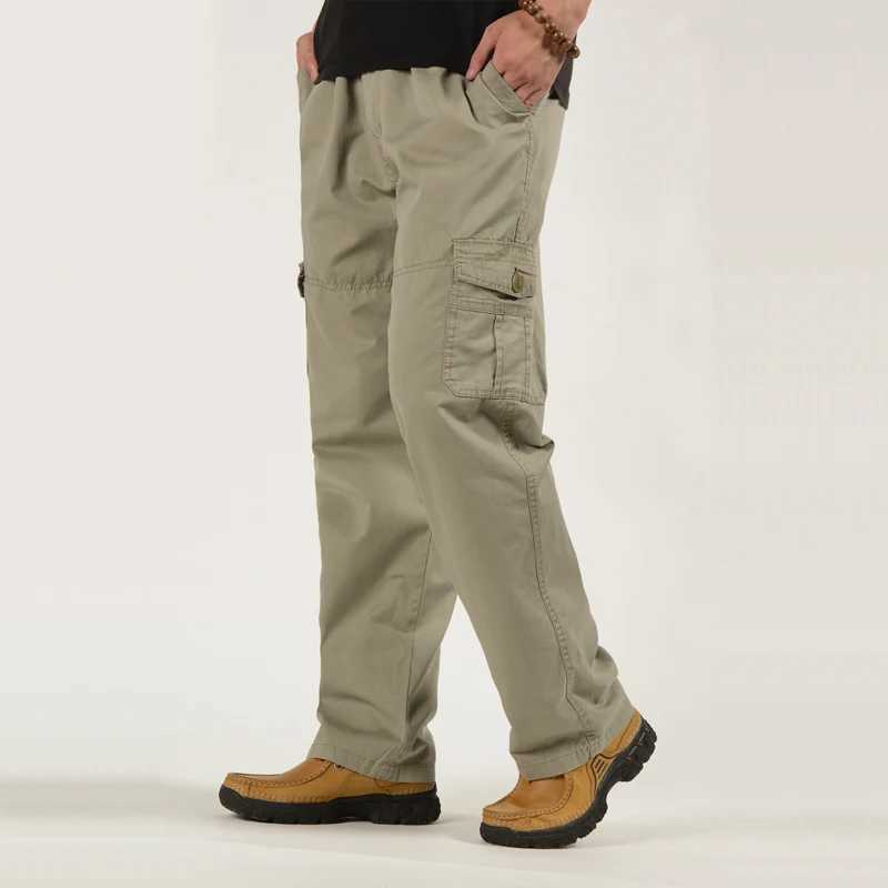 Mens oversized cargo pants with multiple pockets military mens pants plus size drawstring pockets tactical pants khaki straight pants W240930