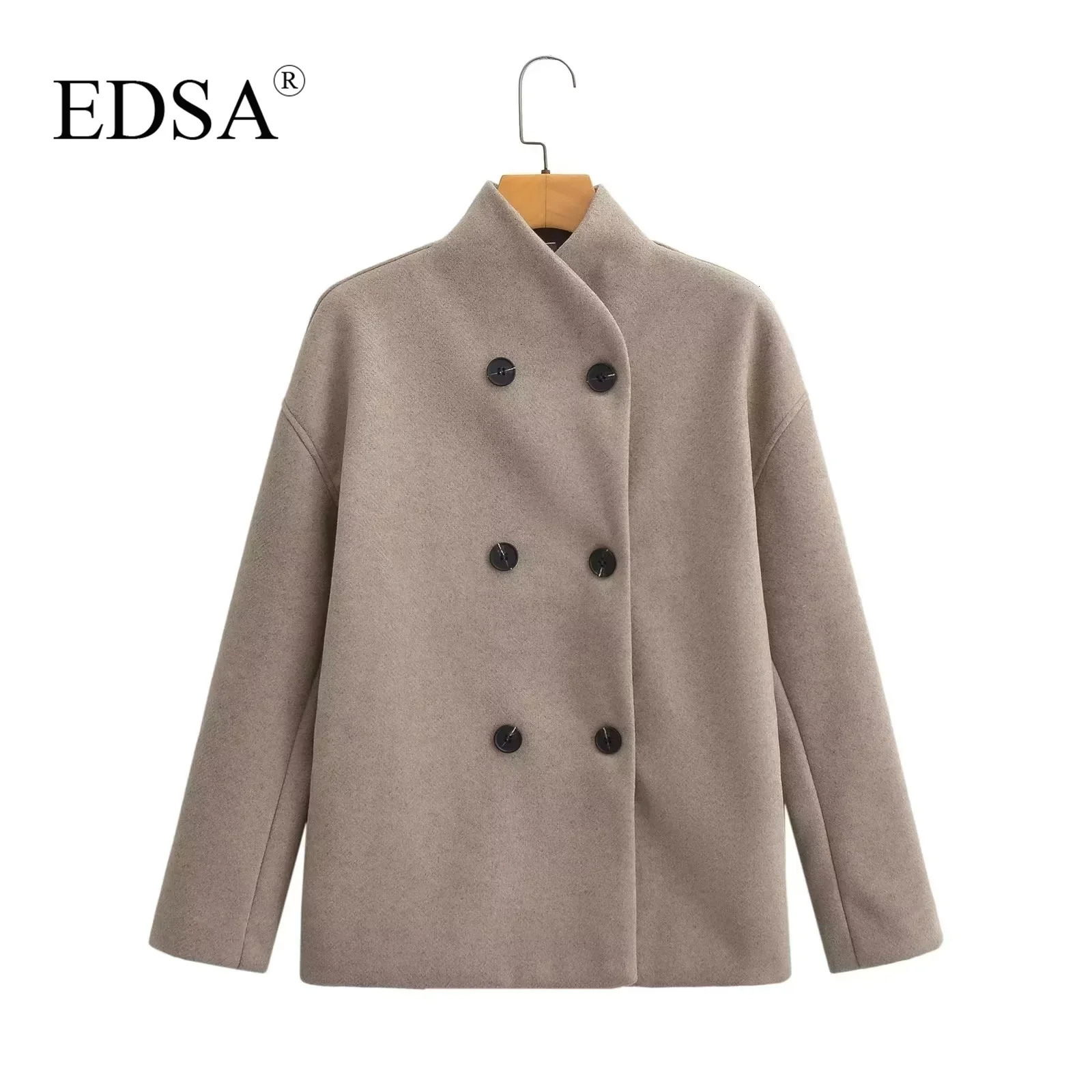 EDSA womens solid color wool jacket doublelayer long sleeved loose suitable for office turtle neck half season 240924