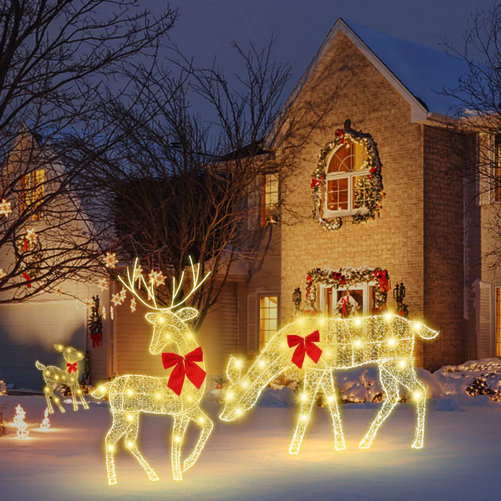 3 2D reindeer and red bow Christmas yard decoration holiday deer display outdoor 240929