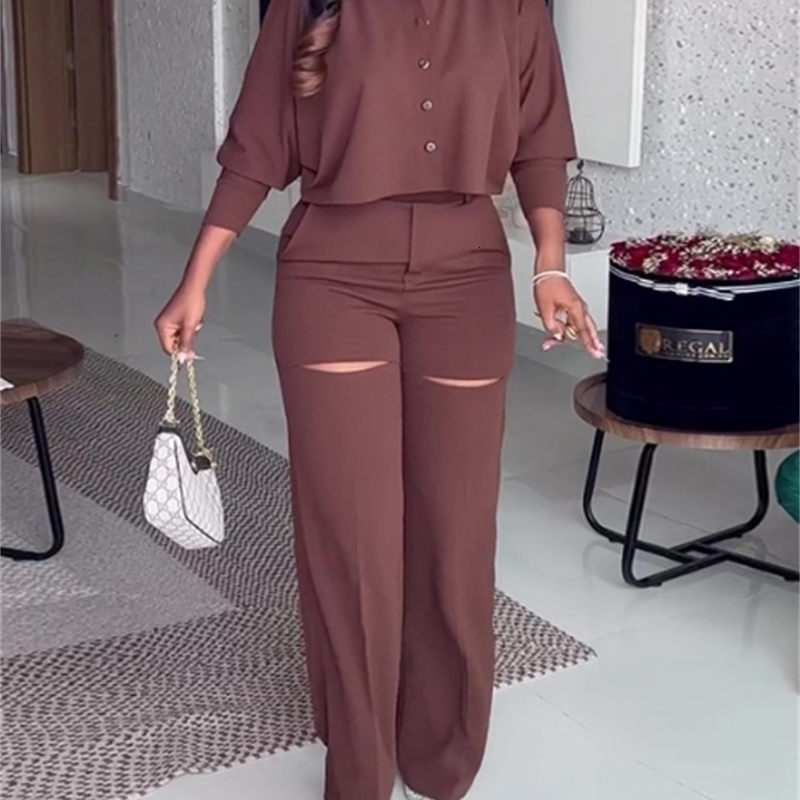 2-piece womens clothing autumn item solid color polo long sleeved shirt wide leg pants casual suit womens clothing 240929CJ