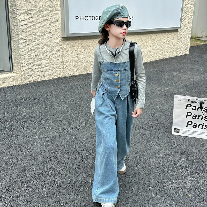 10 12 14 Chic Junior Kids Girls Cowboy Clothes SlingCotton T-shirtWide Leg Pants 3 pcs Teen Kids Clothes Childrens Jeans Set 240926