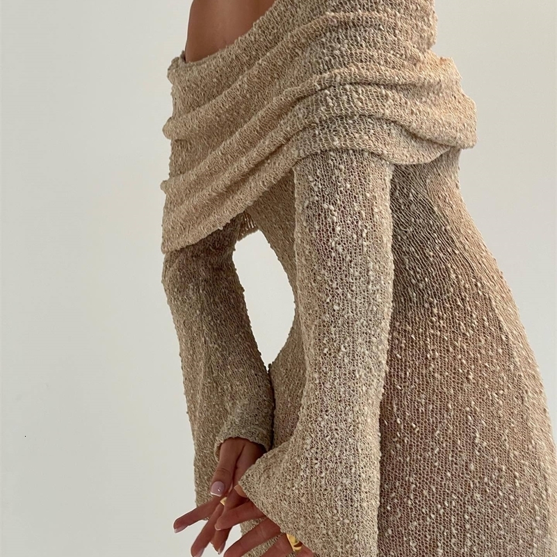 DRC Female Cover up Loose Long Sleeve Holiday Beach Party Dres Knitwear Dress Knit Hollow Out OffShoulder Maxi y240929