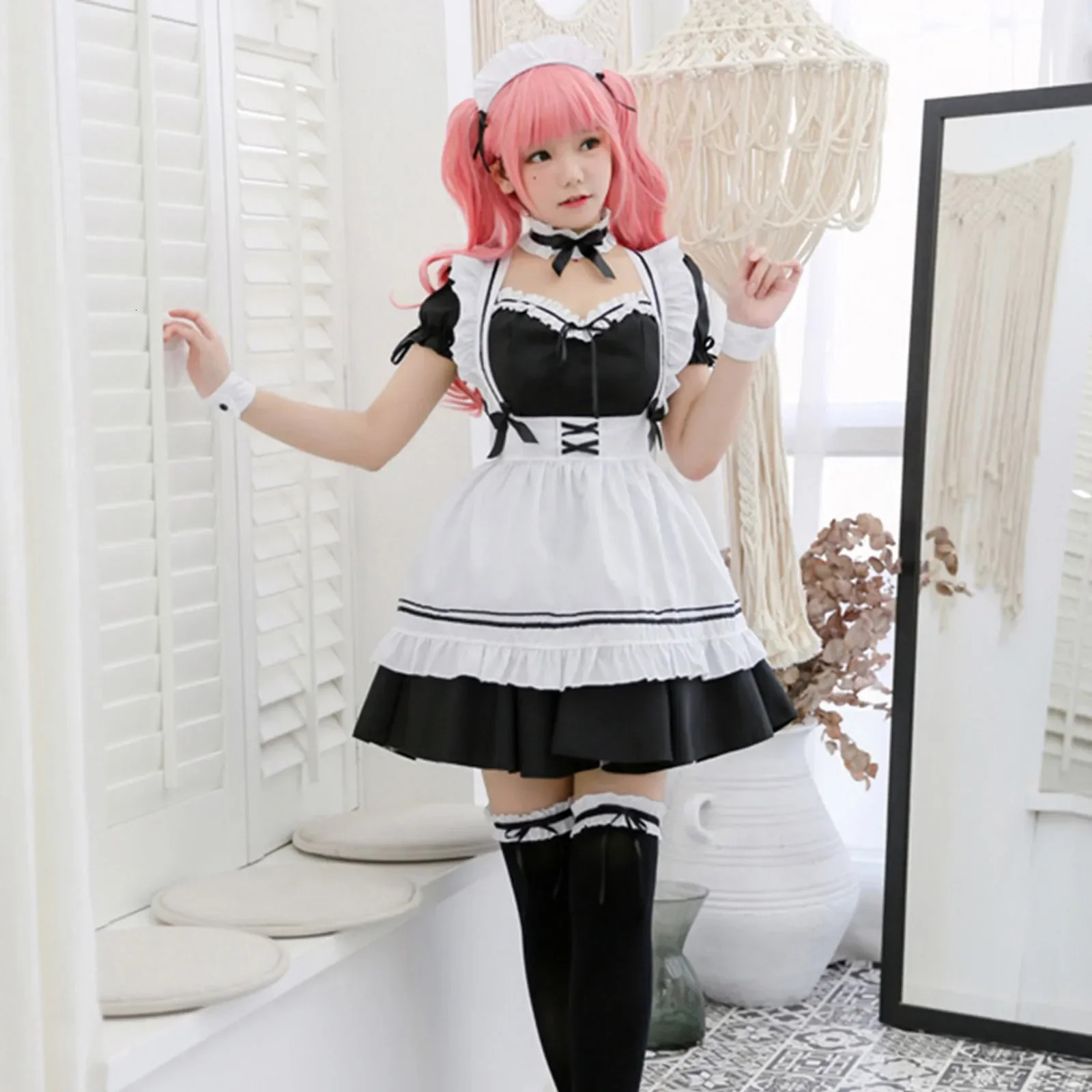 Black and pink Lolita maid costume cute girl cosplay anime show Japanese S5XL 240930