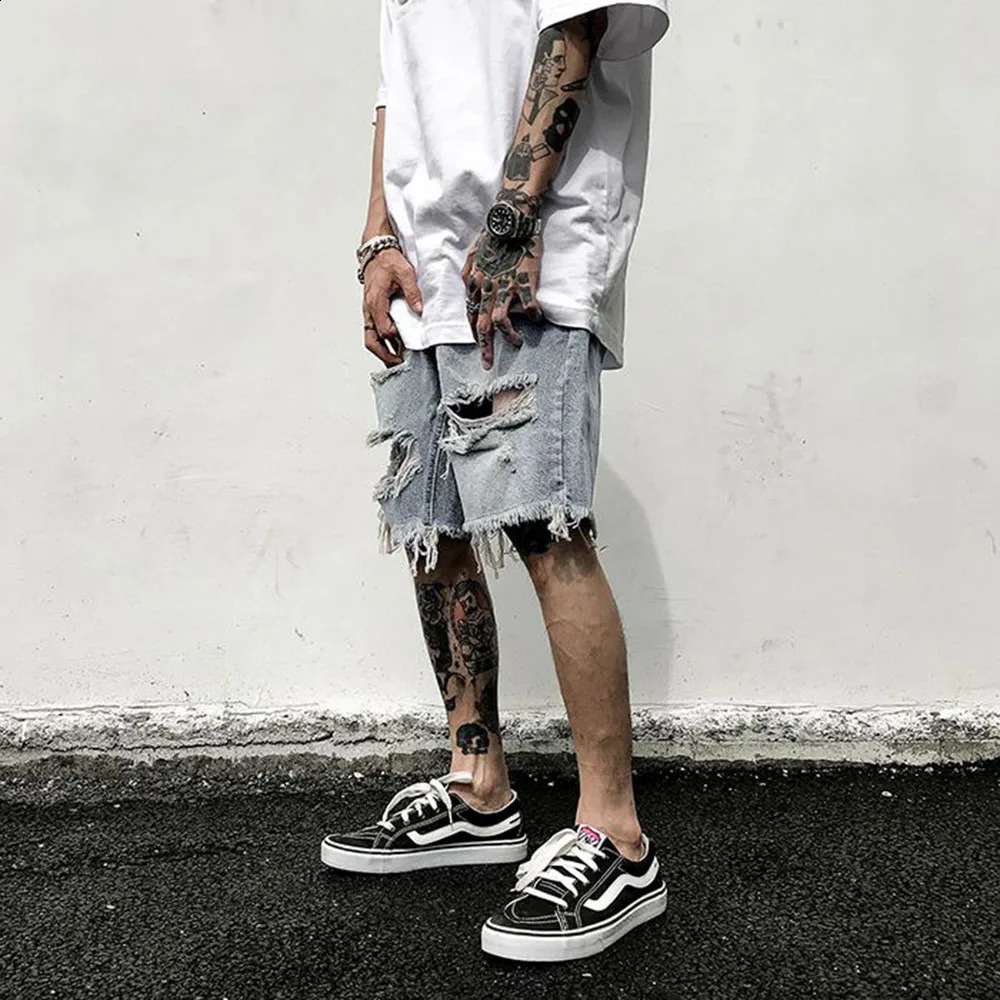 Mens Y2k unique shorts summer fashion trend torn jeans loose oversized shorts high-quality retro casual shorts 240929