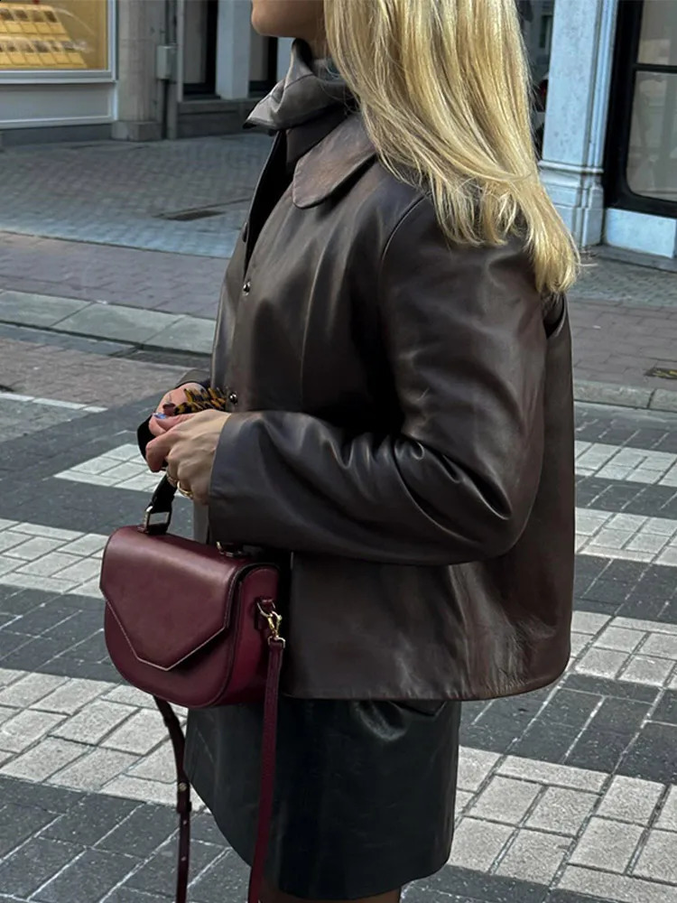 Vintage Lapel Pu Leather Jackets For Women Casual Single Breasted Long Sleeve Coats 2024 Autumn Lady High Street Outerwear 240927