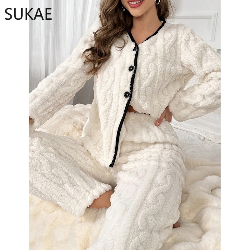 2024 Warm Winter Women Pamas Set Jacquard Fluffy Lady Sleepwear Elegant Plain White V-neck Lapel Thermal Pijamas Casual Nightwear