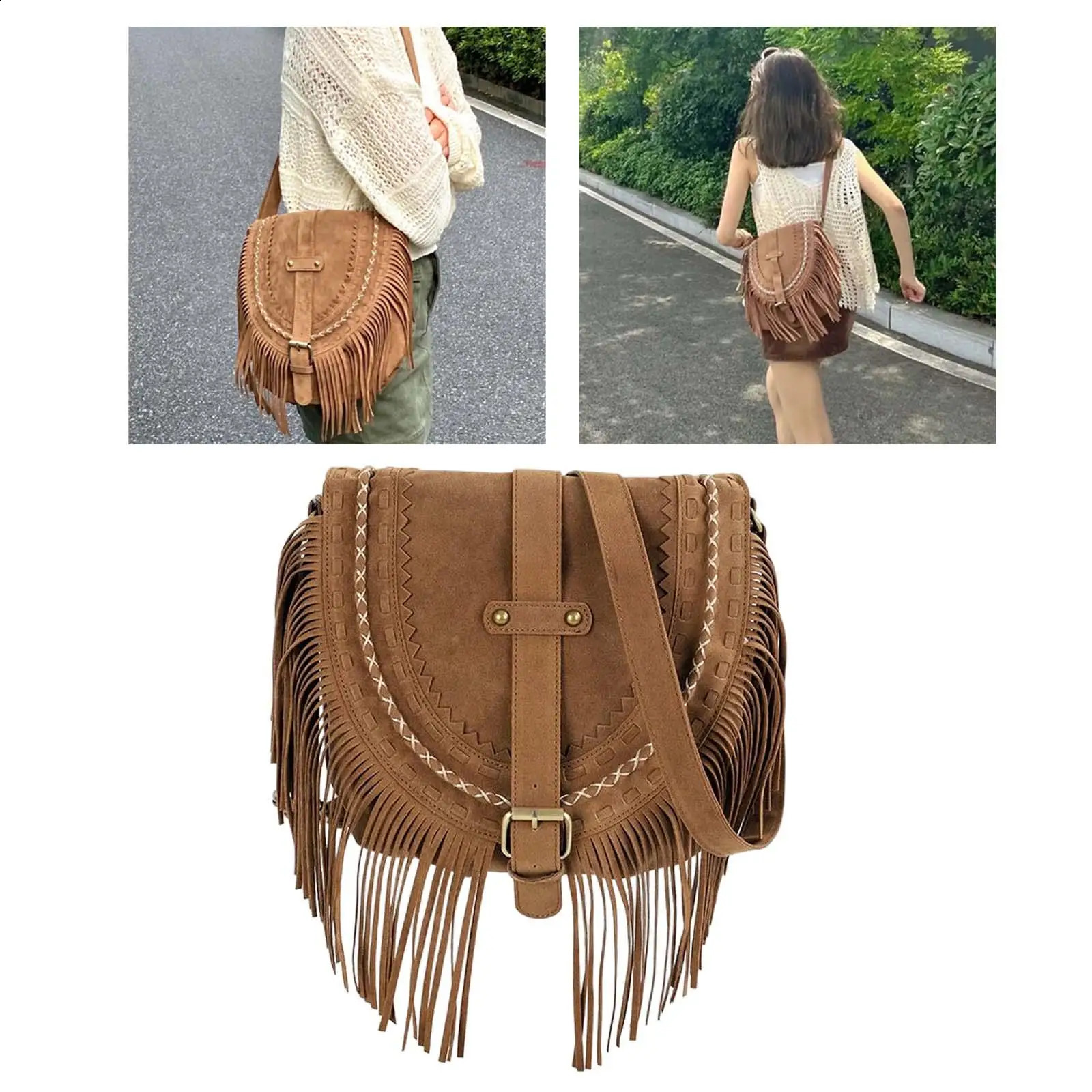 Fashionable retro handmade suede tassel shoulder cross messenger bag vintage Bohemian womens summer handbag 240923