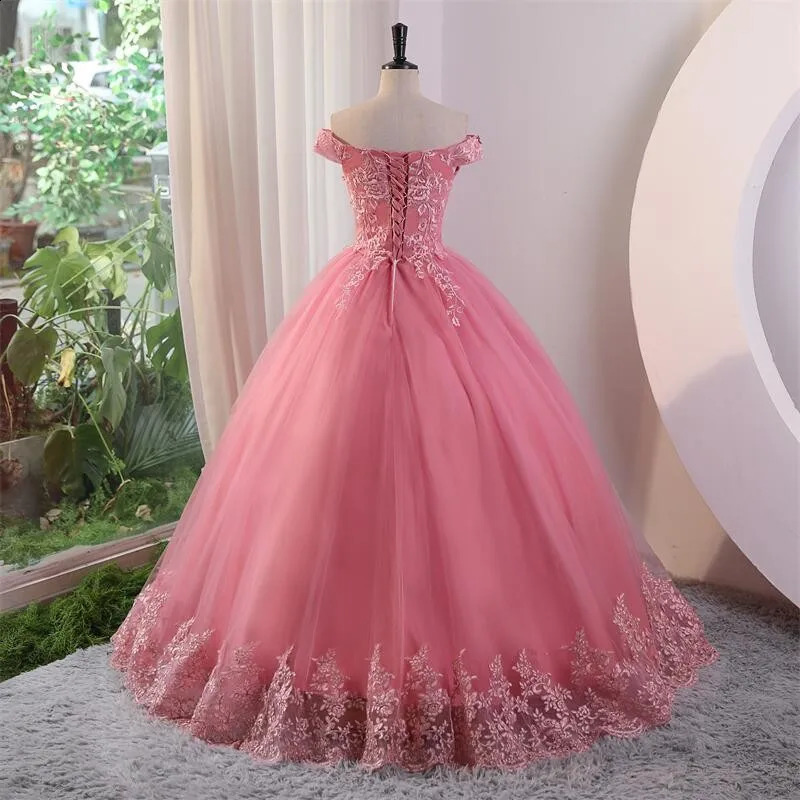 Gloria Pink Quinceanera Dresses Sweet Flower Party Dress Lace Ball Gown Real Po Prom Boho Vestidos