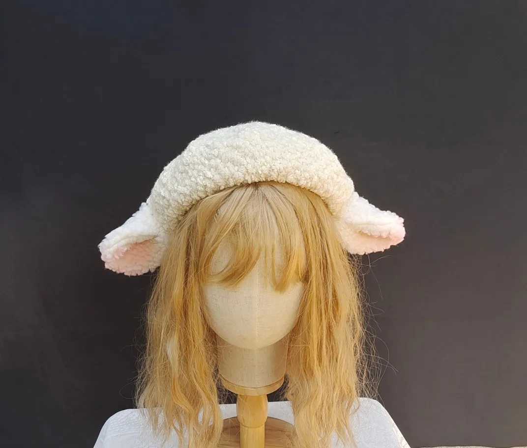 Original handmade cute Lolita lamb ears for autumn and winter beret milk white hat W240928