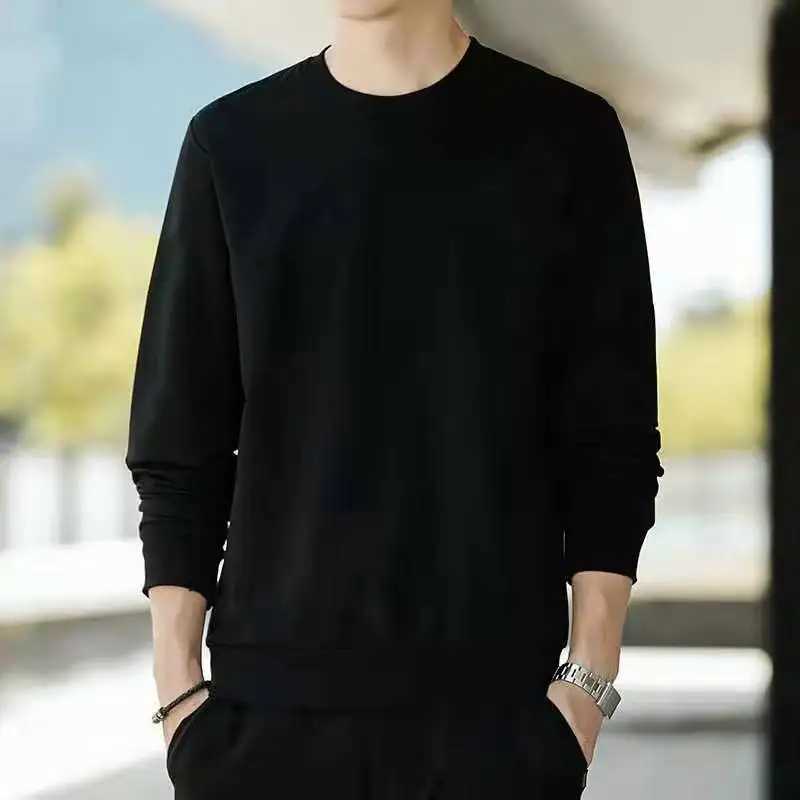 Mens Casual Loose Long Sleeve Shirt Spring Autumn O-Neck Solid Color Long Sleeve T-shirts New Male Clothes Black White W251106
