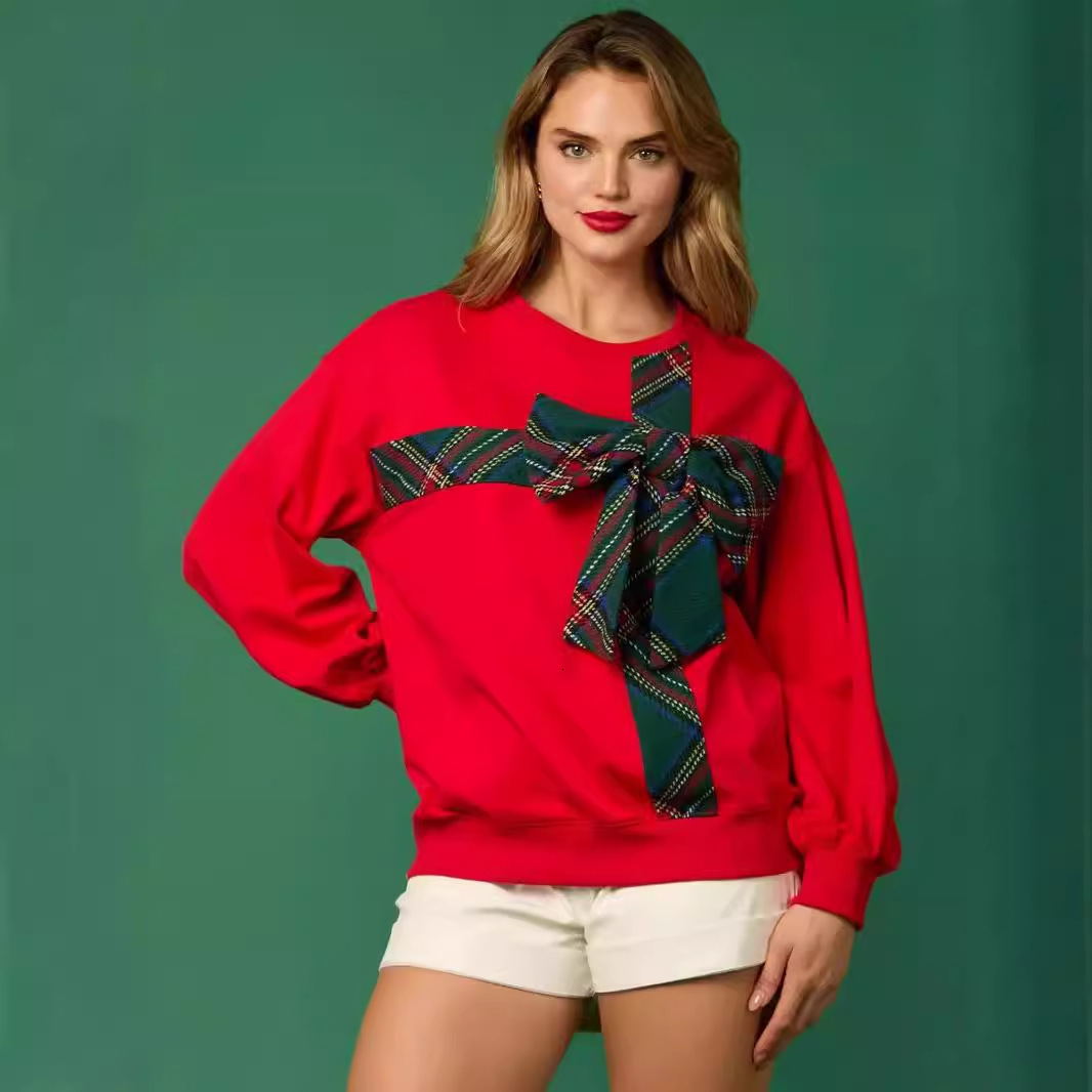 2024 Autumn/Winter Big Bow Hoodie Printed Long Sleeve Shirt for Women