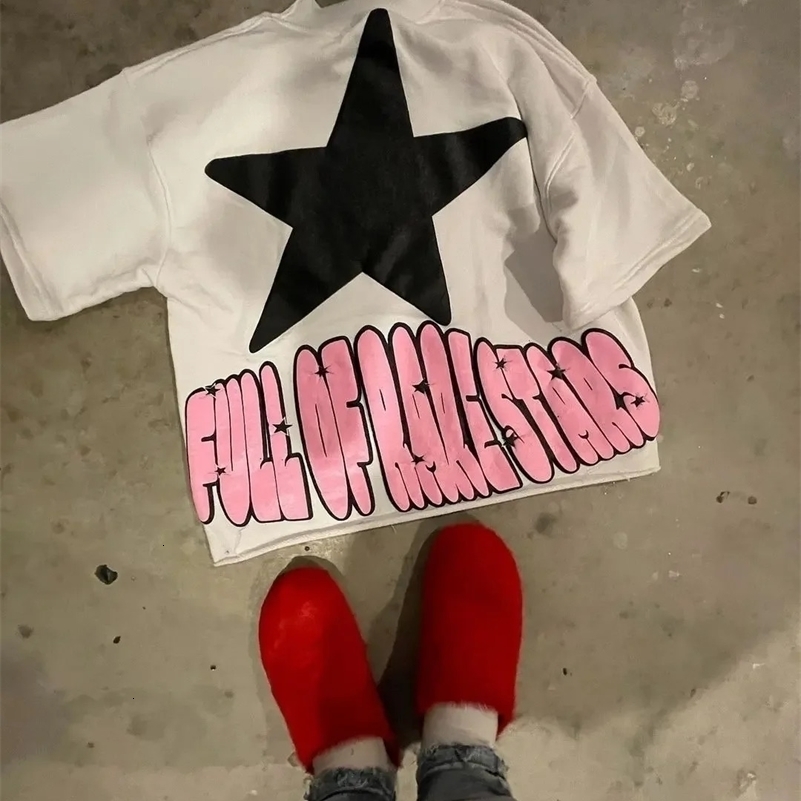 High Street Goth Pink Star Printed T-shirt Street clothing y2k top oversized graphic T-shirt Harajuku short sleeve men wear 240929