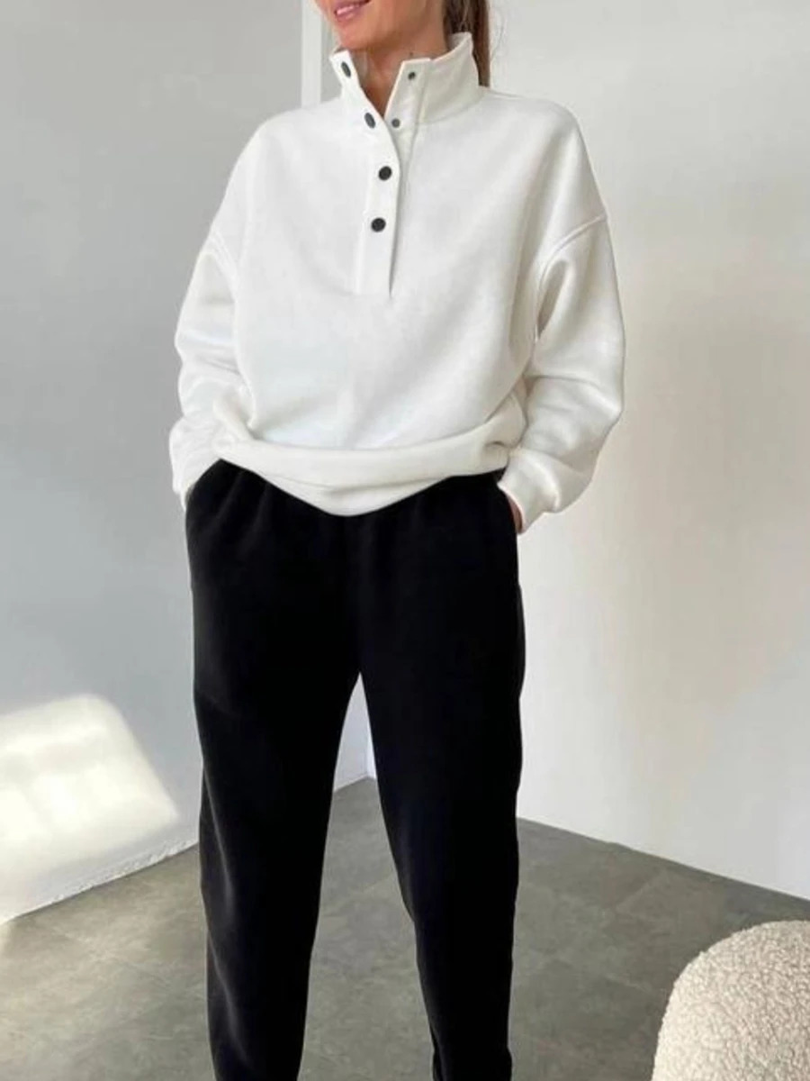 Womens 2piece sportswear solid color button up sweatshirt and sweatpants for active autumn workout set 240927