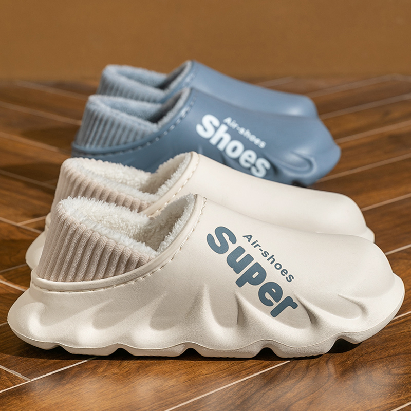 Men's Big Size Winter Slippers Home PU Leather Shoes for Men Indoor Waterproof Fur Cotton Women Bedroom Slipper Flat Houseshoes