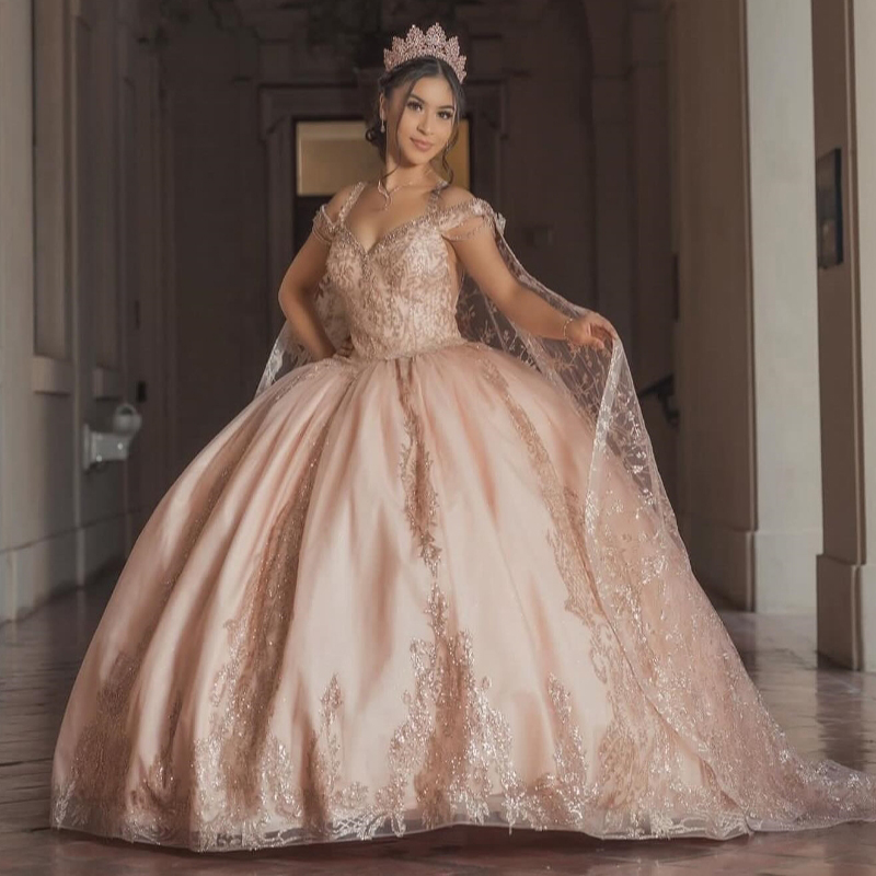 Champagne Shiny Quinceanera Dresses Sweet 16 Year Ball Gown Off the Shoulder Sequin Applique Lace Beading Tull With Cape Party Dress Vestidos De 15 An