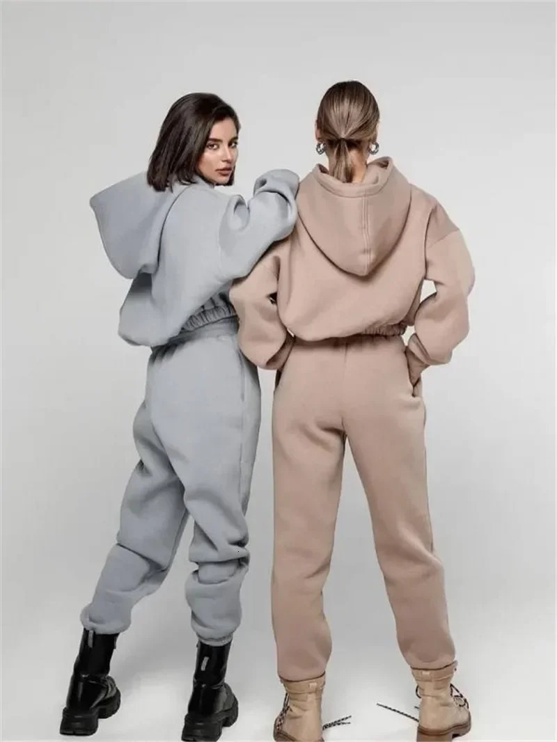 Womens Winter Two Piece Tracksuit Solid Color Set Autumn Trouser Sportswear Sports Hoodie 240927