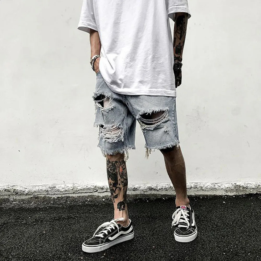 Mens Y2k unique shorts summer fashion trend torn jeans loose oversized shorts high-quality retro casual shorts 240929