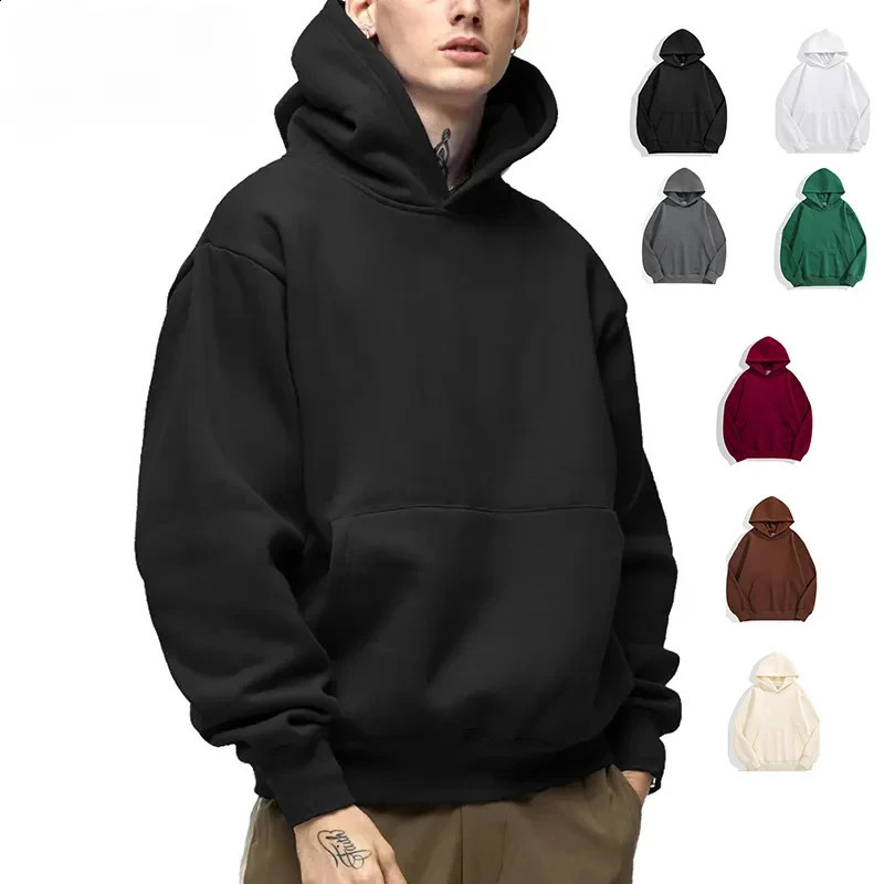 500GSM Heavy Weight Fashion Mens Hoodies Autumn Winter Casual Thick Cotton Top Solid Color Sweatshirt Male 240919