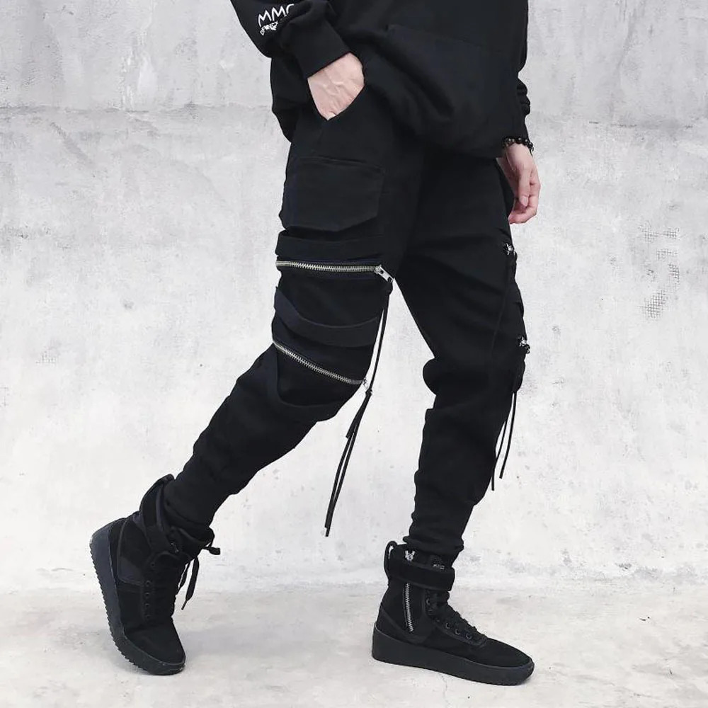 Cargo Pants Hip Hop Joggers Men Loose Harem Multipocket Ribbon Mens Trousers Casual Streetwear Sport for 240910