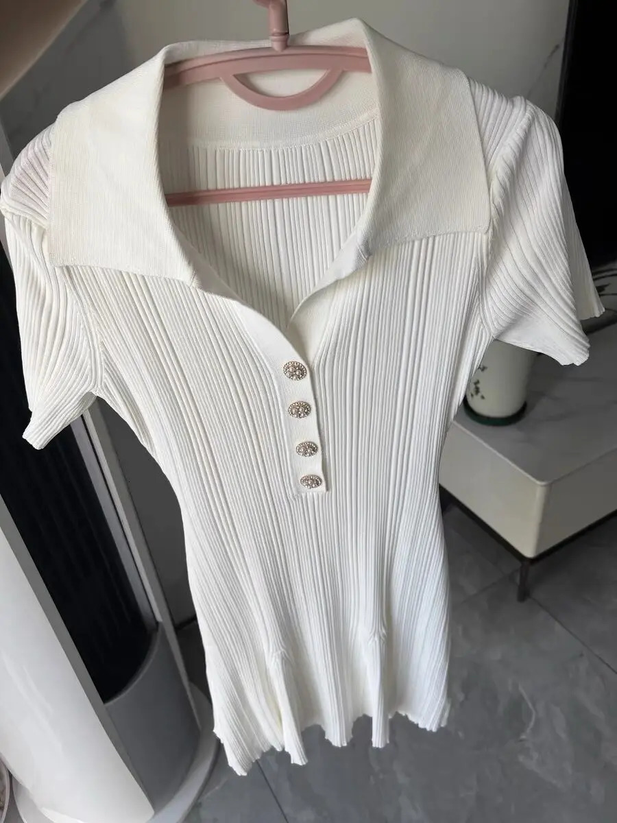 Summer Women;s Turn Down Collar Short Sleeve Knitted Dress Slim Fit A-line Diamond Buttons White Dress For Wmen C-050 240921
