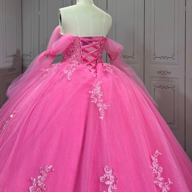 Rose Red Ball Gown Quinceanera Dresses Princess Applique Beads Tull Birthday Prom Party Vestidos De Fiesta Sweet 16 Dress