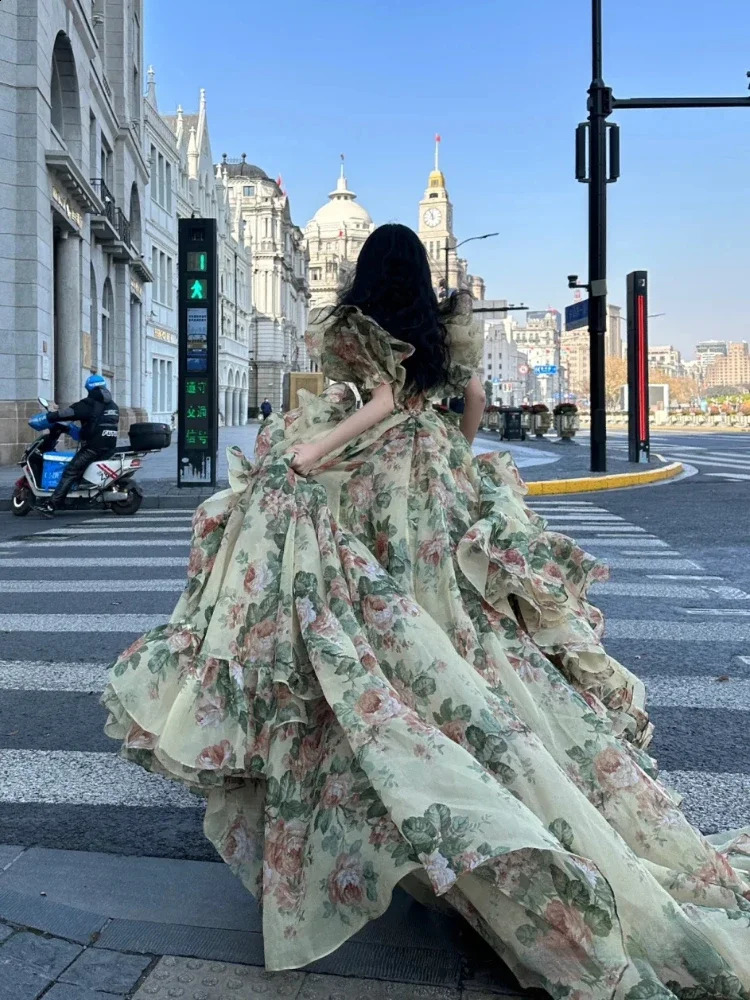 2024 Spring Princess Elegant Dres Puff Sleeve Print Y2k Evening Party Dress Female France Vintage Chic Irregular Clothes 240929
