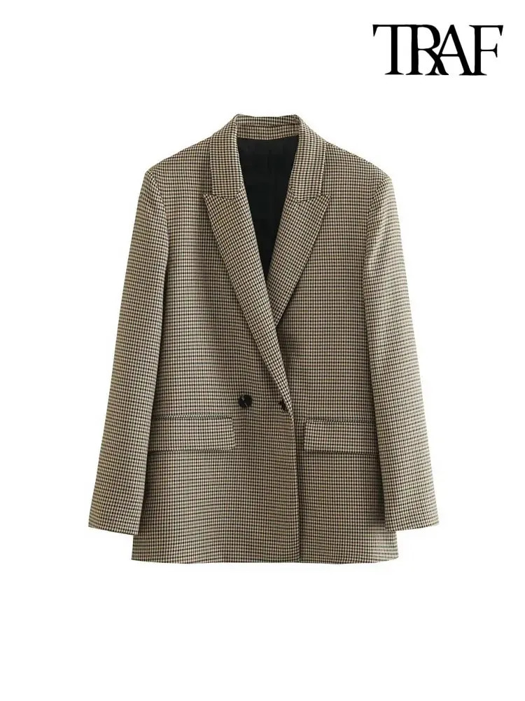 TRAF Women Fashion Double Breasted Plaid Blazer Coat Vintage Long Sleeve Flap Pockets Female Outerwear Chic Vestes Femme 240930