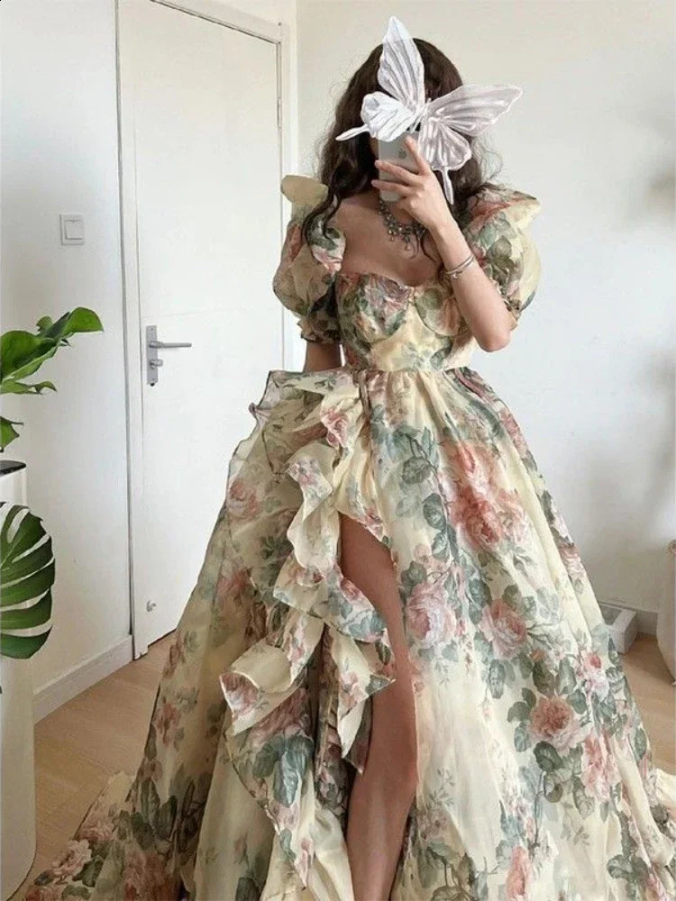 2024 Spring Princess Elegant Dres Puff Sleeve Print Y2k Evening Party Dress Female France Vintage Chic Irregular Clothes 240929