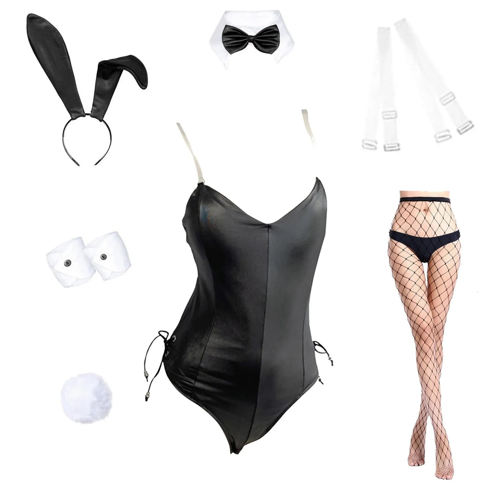 Womens Rabbit Girl Set Anime Halloween Costume Cosplay Tight Clothes Headband Long Socks Nightclub Club Party 240930