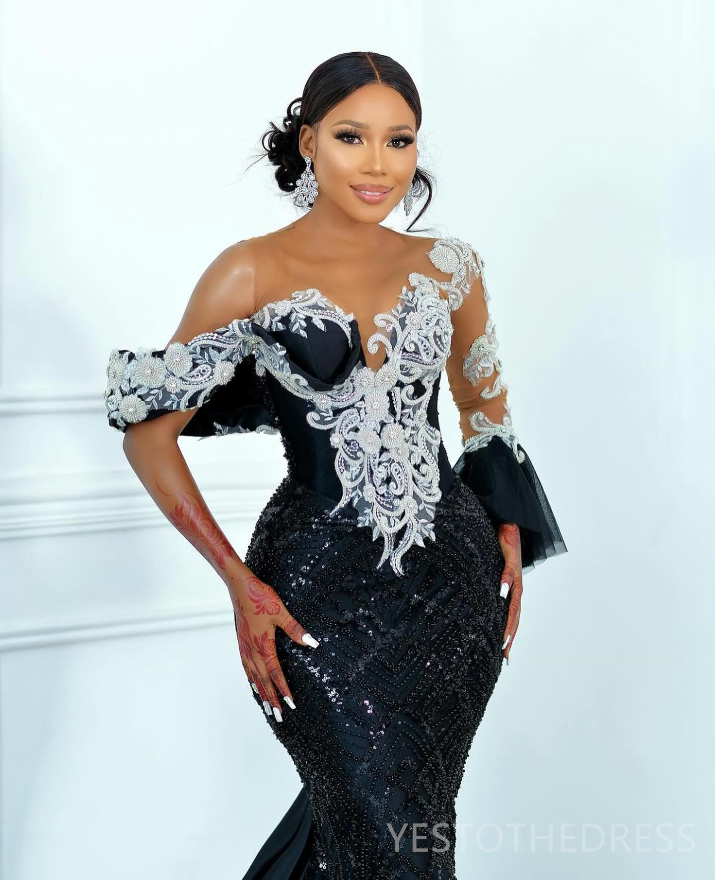 R&W 2024 Plus Size Black Prom Evening Dresses Formal For Women Mermaid Sheer Neck Appliqued Beaded Lace Birthday Dress Second Reception Gowns AM1410