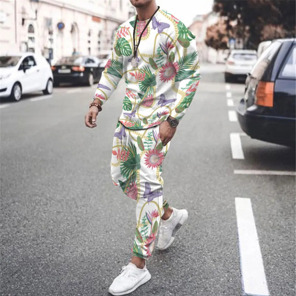Fashionable mens long sleeved T-shirt 2-piece set 3D printed tracking suit set oversized mens fashion trend retro streetwear 240925