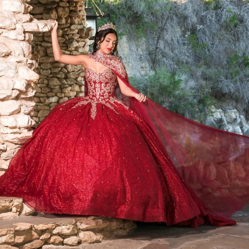 Red Shiny Ball Gown Quinceanera Dresses Applique Lace Beading Tull With Cape Vestidos De 15 Anos XV Brithday Party Sweet 16 Dress