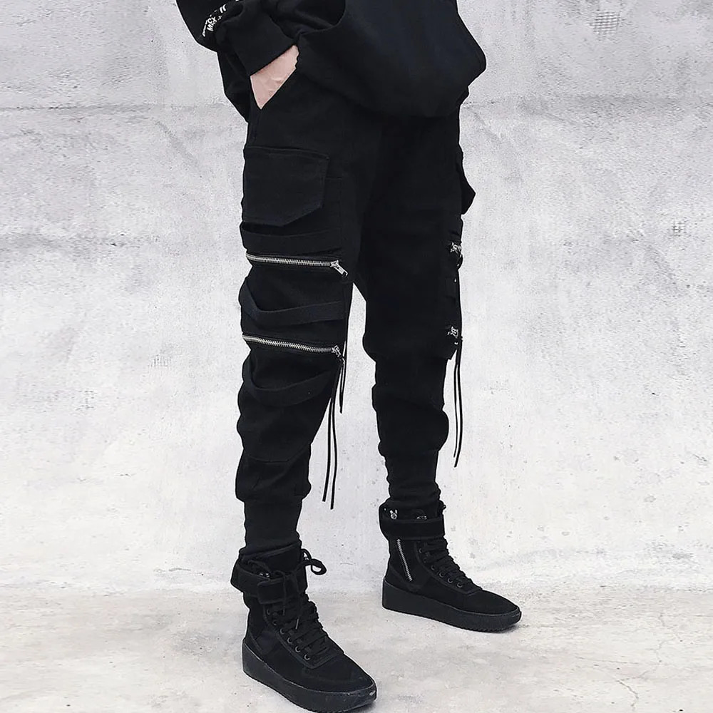 Cargo Pants Hip Hop Joggers Men Loose Harem Multipocket Ribbon Mens Trousers Casual Streetwear Sport for 240910