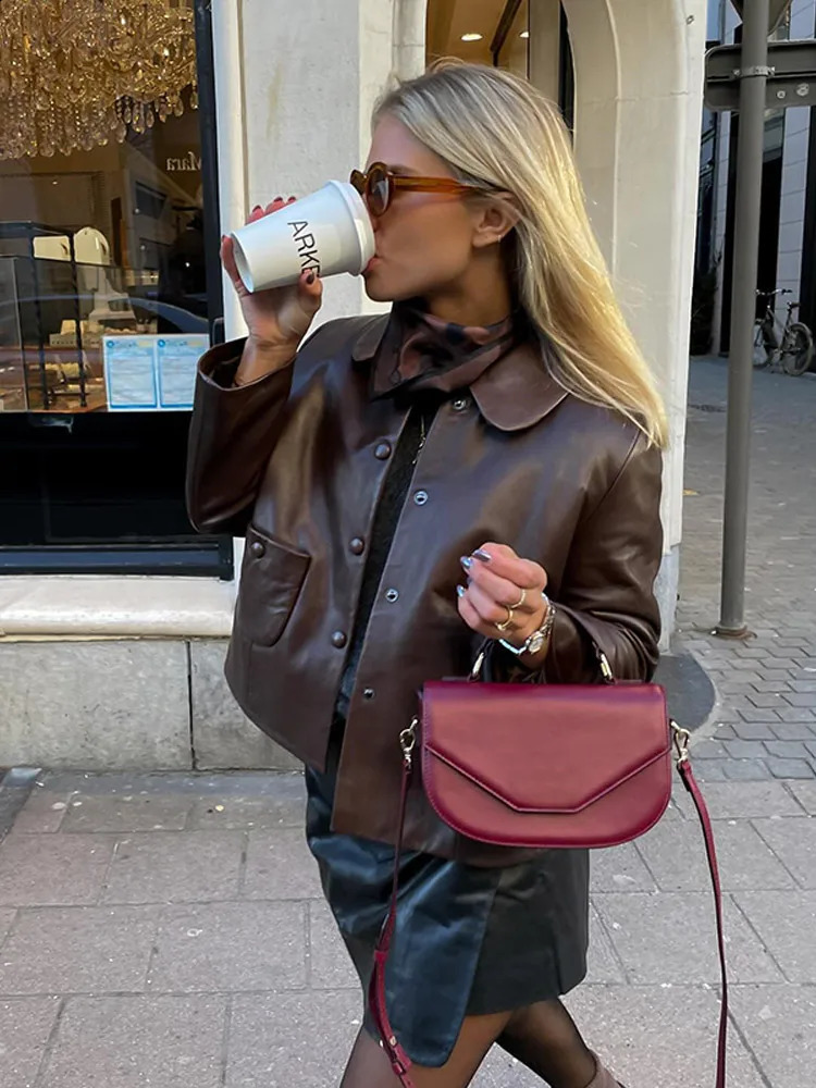 Vintage Lapel Pu Leather Jackets For Women Casual Single Breasted Long Sleeve Coats 2024 Autumn Lady High Street Outerwear 240927