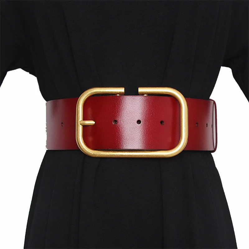 womens leather wide belt gold metal square buckle pin buckle jeans womens retro belt womens waistband 240925