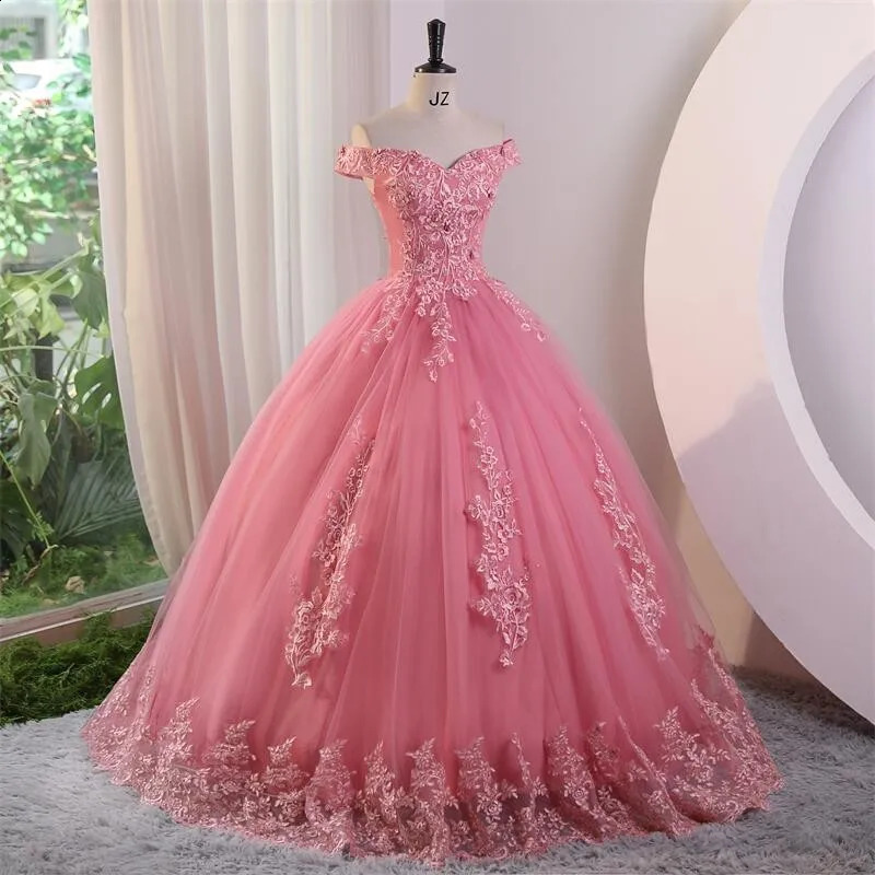 Gloria Pink Quinceanera Dresses Sweet Flower Party Dress Lace Ball Gown Real Po Prom Boho Vestidos