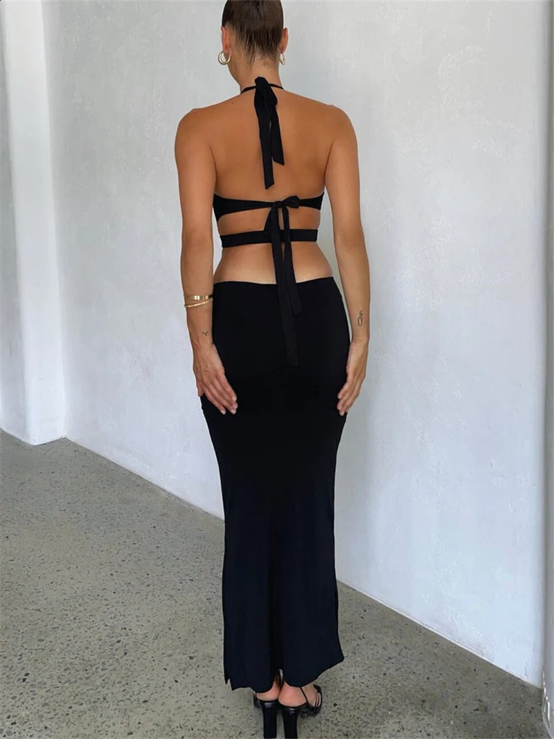 Sexy Cutout Halter Neck Backless Maxi Dress TieUp Black Elegant Cocktail Party Dresses for Women Clothing Autumn Fashion 240929