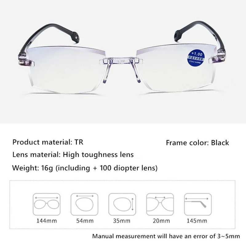 Men Women Rimless Reading Glasses Bifocal Far Near Anti Blue Light Magnification Eyewear Presbyopic Glasses Diopter +150 TR90XJ240907