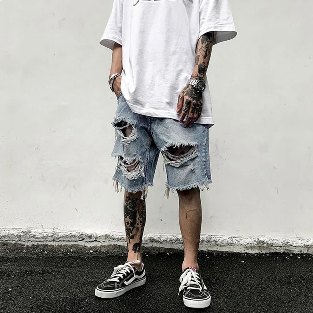 Mens Y2k unique shorts summer fashion trend torn jeans loose oversized shorts high-quality retro casual shorts 240929