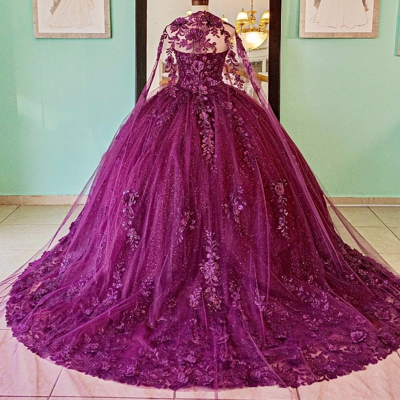 Purple Sparkly Quinceanera Dresses Formal Luxury Party Prom Lace Appliques Beads Tull Sweet 16 Dress Graduation Ball Gwon Vestidos De 15 Anos