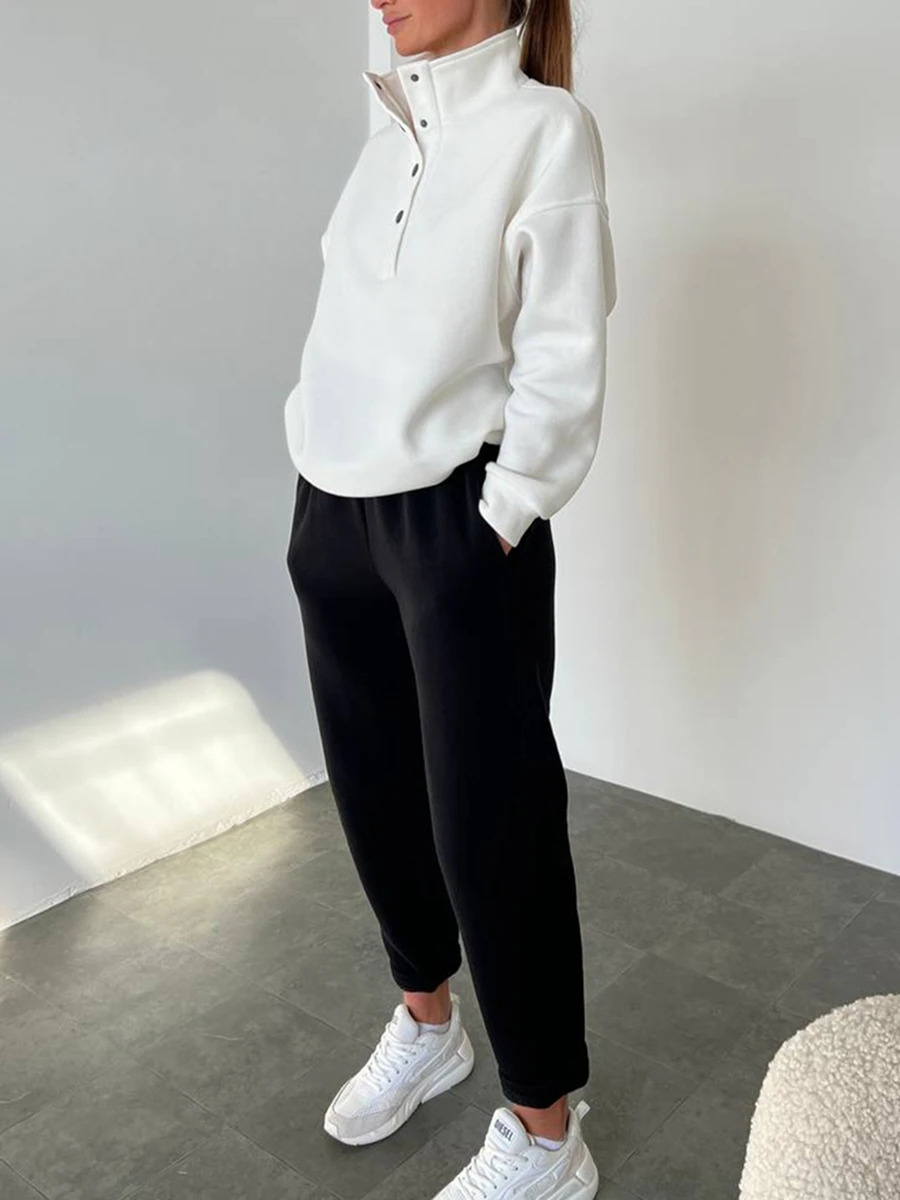 Womens 2piece sportswear solid color button up sweatshirt and sweatpants for active autumn workout set 240927