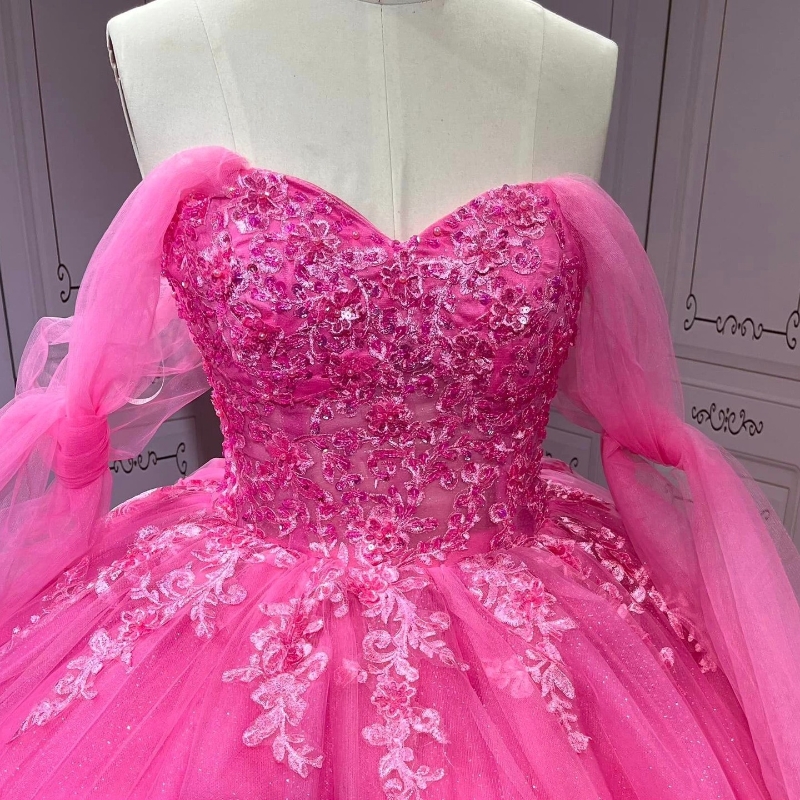 Rose Red Ball Gown Quinceanera Dresses Princess Applique Beads Tull Birthday Prom Party Vestidos De Fiesta Sweet 16 Dress